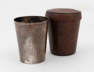 CHARLES COWPER (1834-1911, Politician and Police Magistrate): Antique silver beaker manufactured by Frederick Wilson & William Davies, London, circa 1880, in original brown leather case with owner's stamp to top "Charles Cowper", retailed by Flavelle Bros. & Roberts, Sydney and Brisbane, the beaker 8.5cm high, 104 grams.
