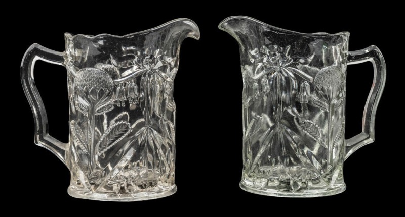 CROWN CRYSTAL "WARATAH" pair of antique pressed glass jugs, circa 1920s, 18cm high