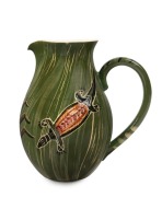 MARTIN BOYD green glazed pottery jug, hand-painted with Aboriginal animal motifs, incised "Martin Boyd, Australia, D.J.", 17cm high