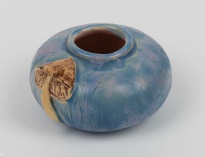 LOUISE TAYLOR blue glazed pottery vase with applied mushroom decoration, incised "Louise Taylor", 5.5cm high, 11cm wide