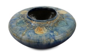 EDITH STERLING LEVIS (attributed) blue glazed squat pottery vase with Art Nouveau floral decoration, 12cm high, 26cm wide