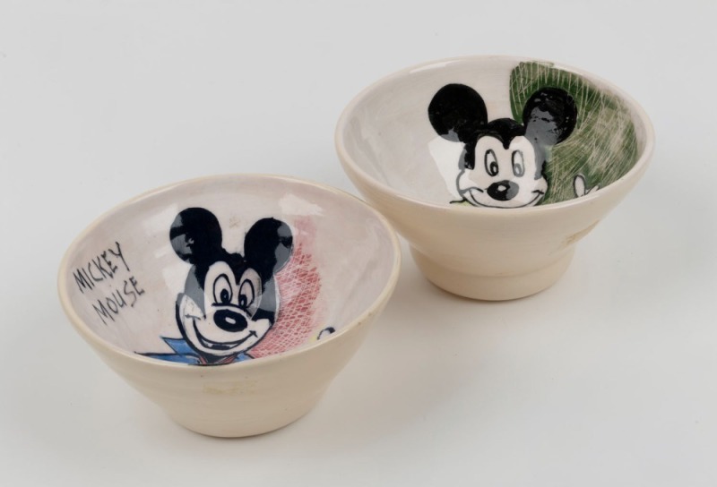 SEATON GRANT "Mickey Mouse" pair of mid-century hand-painted pottery bowls, incised "Seaton Grant", the larger 7.5cm high, 14cm diameter