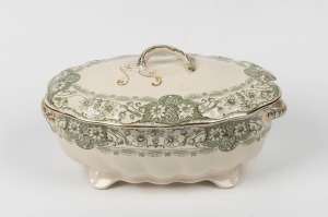 ROYAL DOULTON "Lulu" pattern green transfer lidded tureen with flannel flower decoration, circa 1910, factory mark to base, 17cm high, 33cm wide