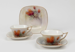 ROYAL WORCESTER hand-painted English porcelain side plate, two teacups and two saucers, decorated with Australian wildflowers, signed "R. AUSTIN", (5 items), puce factory mark to base "Royal Worcester, England, Flavelle Brothers Ltd.", the side plate 14.5cm wide
