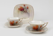 ROYAL WORCESTER hand-painted English porcelain side plate, two teacups and two saucers, decorated with Australian wildflowers, signed "R. AUSTIN", (5 items), puce factory mark to base "Royal Worcester, England, Flavelle Brothers Ltd.", the side plate 14.5