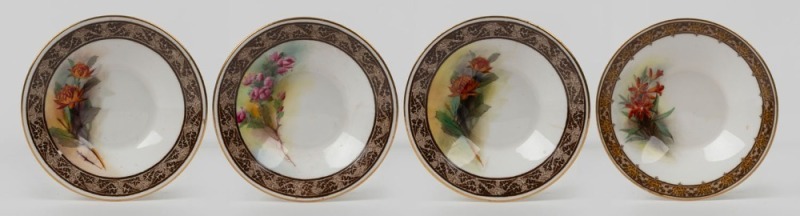 ROYAL WORCESTER set of four Australian wild flower hand-painted English porcelain demi-tasse saucers including Waratah and Christmas Bush, puce factory marks to base with titles "Royal Worcester, Made in England, Flavelle, Roberts & Sankey Ltd., Brisbane"