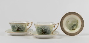 ROYAL WORCESTER pair of "Flannel Flower" English porcelain cups and saucers together with a circular dish, signed "A SHUCK" and designed by ELLIS ROWAN, (5 items), puce factory mark to bases "Royal Worcester, England, Flavelle Brothers Ltd., Flannel Flowers", the saucers 12.5cm wide