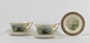 ROYAL WORCESTER pair of "Flannel Flower" English porcelain cups and saucers together with a circular dish, signed "A SHUCK" and designed by ELLIS ROWAN, (5 items), puce factory mark to bases "Royal Worcester, England, Flavelle Brothers Ltd., Flannel Flowe