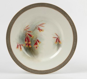 ROYAL WORCESTER "Australian Christmas Bells" hand-painted English porcelain cabinet plate with quaker grey border, puce factory mark to base "Royal Worcester, England, Flavelle Brothers Ltd.", 25cm diameter