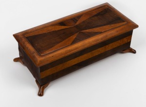 An Australian timber glove box made from Queensland walnut, maple and kauri pine, circa 1930, 10cm high, 30cm wide, 14cm deep