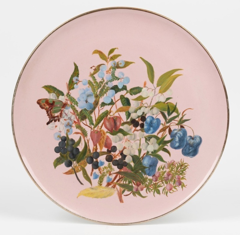 (after) LOUISA ANN MEREDITH hand-painted pink porcelain plaque, inscribed on reverse with names of flowers, 31.5cm diameter