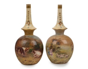 GERTRUDE E. BROWN (Sydney) pair of hand-painted porcelain vases decorated with pastoral scenes and figures in landscape, signed "Gertrude E Brown" and respectively dated 21/10/03 & 21/11/03, 20cm high