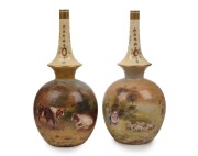 GERTRUDE E. BROWN (Sydney) pair of hand-painted porcelain vases decorated with pastoral scenes and figures in landscape, signed "Gertrude E Brown" and respectively dated 21/10/03 & 21/11/03, 20cm high