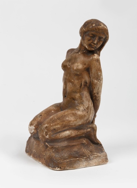 GUSTAVE PILLIG "The Captive" hand-painted fired plaster statue of a kneeling nude, circa 1920, signed "G. Pillig", 21cm high