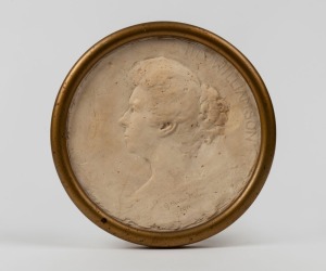 GEORGINA HEATHER MASON (Tasmania) circular plaster relief portrait plaque of Emily Williamson (1855-1935), signed and dated "G. Heather Mason, 1911", 15.5cm diameter, 18cm overall