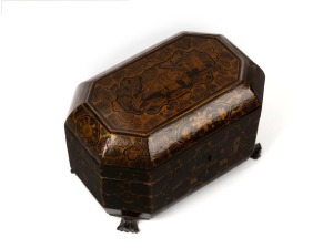An antique Chinese export ware tea caddy with two engraved pewter inserts, bearing original retailer's label inside lid "P.A. SPRITCH, TEA MERCHANT AND IMPORTER, HOBART, TASMANIA. SEMAPHORE", 19th century, 12.5cm high, 19cm wide, 12.5cm deep