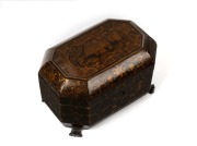 An antique Chinese export ware tea caddy with two engraved pewter inserts, bearing original retailer's label inside lid "P.A. SPRITCH, TEA MERCHANT AND IMPORTER, HOBART, TASMANIA. SEMAPHORE", 19th century, 12.5cm high, 19cm wide, 12.5cm deep