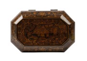 An antique Chinese export ware tea caddy with two engraved pewter inserts, bearing original retailer's label inside lid "P.A. SPRITCH, TEA MERCHANT AND IMPORTER, HOBART, TASMANIA. SEMAPHORE", 19th century, 12.5cm high, 19cm wide, 12.5cm deep - 3