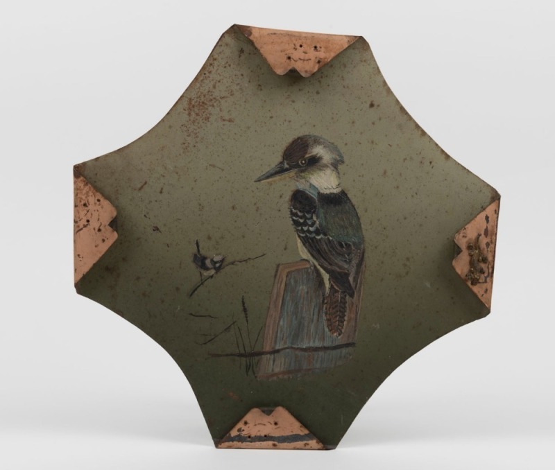 Australian Folk Art painting on tin of a kookaburra and fairy wren, 19th/20th century, ​​​​​​​33 x 33cm