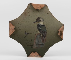 Australian Folk Art painting on tin of a kookaburra and fairy wren, 19th/20th century, 33 x 33cm