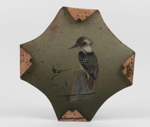 Australian Folk Art painting on tin of a kookaburra and fairy wren, 19th/20th century, ​​​​​​​33 x 33cm