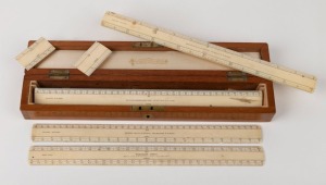 T. GAUNT, WATSON & SONS and W. H. HARLING antique ivory drafting rulers, made in London with Sydney and Melbourne retailers, housed in a Stanley of London instrument maker's box with brass plaque to the lid intialled "H. B." with broad arrow mark and "MECHANICAL", late 19th century and early 20th century, 5cm high, 34cm wide, 6cm deep