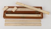 T. GAUNT, WATSON & SONS and W. H. HARLING antique ivory drafting rulers, made in London with Sydney and Melbourne retailers, housed in a Stanley of London instrument maker's box with brass plaque to the lid intialled "H. B." with broad arrow mark and "MEC