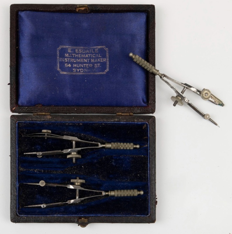 E. ESDAILE of SYDNEY: Moroccan leather cased set of draftsman's compasses with "Mathematical Instrument Maker" label to lid, 19th century, the case 9cm long