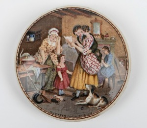 PRATT WARE antique English pot lid titled "A Letter From the Diggings", mid 19th century, 10.5cm diameter