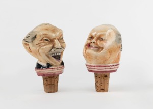 BILLY HUGHES and SIR WINSTON CHURCHILL vintage ceramic decanter stoppers, circa 1940s, 9cm high overall each