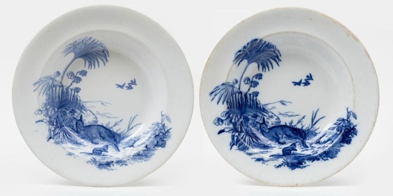 "THE AUSTRALIAN BUSH" pair of antique blue and white transfer English porcelain bowls by William Brownfield & Co., circa 1870s, factory stamp and title to bases with impressed mark and diamond registration, 24cm diameter