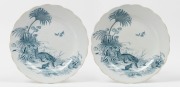 "THE AUSTRALIAN BUSH" pair of antique blue and white transfer English porcelain plates by William Brownfield & Co., circa 1870s, factory stamp and title to bases with diamond registration, 24cm wide