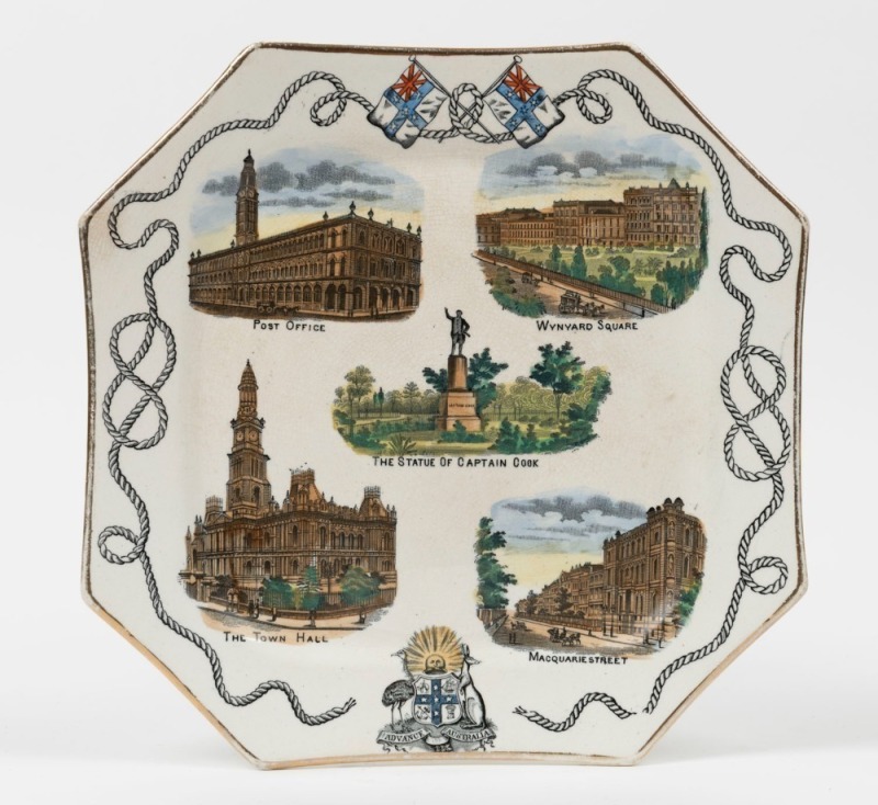 "ADVANCE AUSTRALIA" Federation porcelain plate, circa 1885, stamped "Designed By G. Hodgson. Jun. & Co. Summer Hill, Rd. No. 29565", 24cm wide