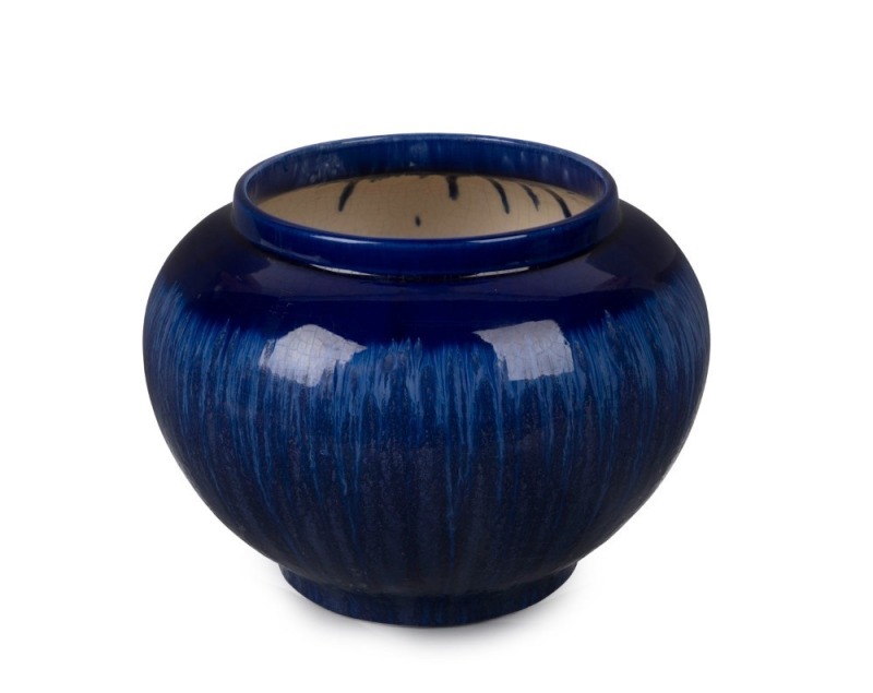 MELROSE WARE blue glazed pottery jardiniere, stamped "Melrose Ware, Australian", 20cm high, 26cm wide