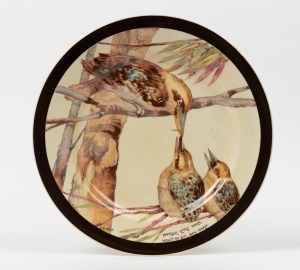 "ANOTHER LITTLE WORM WON'T DO HIM ANY HARM" hand-painted antique English porcelain cabinet plate with kookaburra decoration, by James A. Crisp for Newport Pottery, Burslem. England, circa 1920s, signed "J. A. Crisp" with factory mark to base, 26.5cm diameter