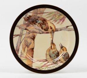 "ANOTHER LITTLE WORM WON'T DO HIM ANY HARM" hand-painted antique English porcelain cabinet plate with kookaburra decoration, by James A. Crisp for Newport Pottery, Burslem. England, circa 1920s, signed "J. A. Crisp" with factory mark to base, 26.5cm diame