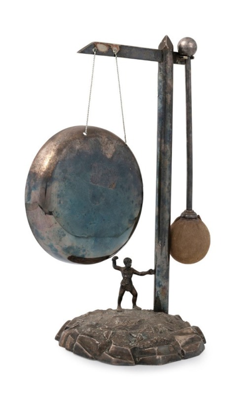 A silver plated antique dinner gong with Aboriginal figure by Walker & Hall, Sheffield, 19th century, 23cm high