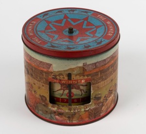 "THE WINNER" Peek Freans vintage horse racing theme biscuit tin with internal spinning mechanism, 15cm high, 17cm diameter