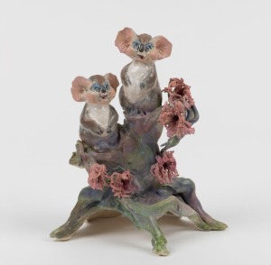 GWEN WATSON pottery sculpture with koalas and gum blossoms, incised "G. G.". 15cm high