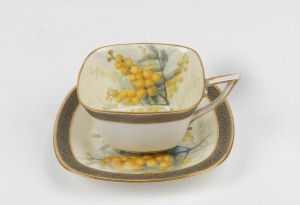 ROYAL WORCESTER "Wattle" pattern English porcelain teacup and saucer, hand-painted by SEDGLEY and designed by ELLIS ROWAN, puce factory mark to base "Royal Worcester, England, The Mrs Ellis Rowan Series, Australian Flowers, Prouds Ltd.", the saucer 12cm wide