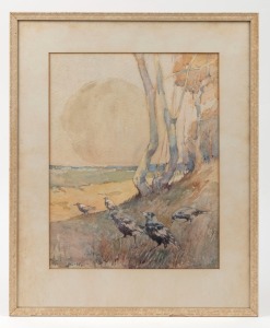 JAMES ALEXANDER CRISP (1879-1962), (magpies at dawn), watercolour. signed lower right "James A. Crisp, '19", 32.5 x 26cm, 46 x 38cm overall