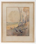 JAMES ALEXANDER CRISP&nbsp;(1879-1962), (magpies at dawn), watercolour. signed lower right "James A. Crisp, '19", 32.5 x 26cm, 46 x 38cm overall