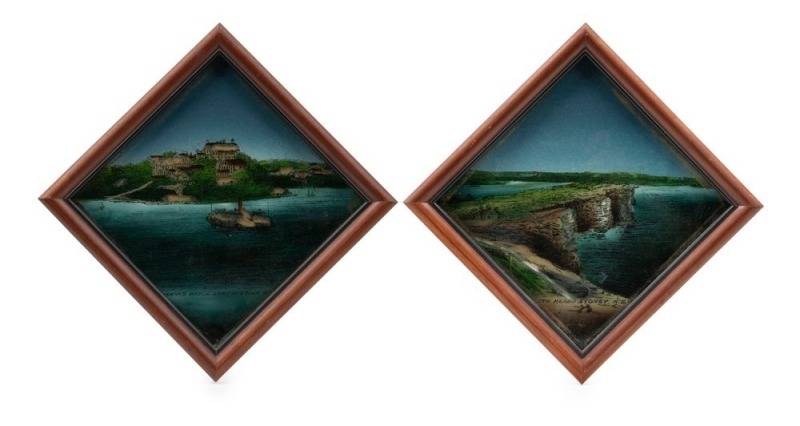 SYDNEY HARBOUR INTEREST: Pair of framed reverse glass pictures, I.) Mosman's Bay, Sydney Harbour, N.S.W., II.) The Heads, Sydney, N.S.W., 29 x 29cm each overall