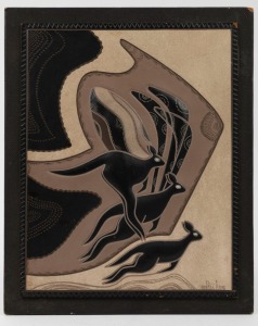 WARREN RAINE vintage Australian vinyl and leather artwork depicting kangaroos, mid 20th century, 35 x 28cm overall