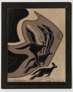 WARREN RAINE vintage Australian vinyl and leather artwork depicting kangaroos, mid 20th century, 35 x 28cm overall