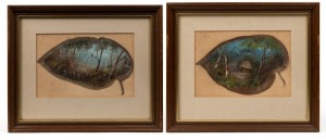 A pair of Australian hand-painted gum leaves, attributed to Minnie Boyd, one depicting a kangaroo, emu, kookaburras and fence, the other depicting an emu, kookaburras and bush hut, 19th/20th century, both framed and mounted with notation verso "Brought in Melbourne about June 1904", 24 x 28cm each overall