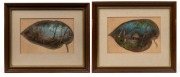 A pair of Australian hand-painted gum leaves, attributed to Minnie Boyd, one depicting a kangaroo, emu, kookaburras and fence, the other depicting an emu, kookaburras and bush hut, 19th/20th century, both framed and mounted with notation verso "Brought in