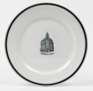 "JOHN FAIRFAX & SONS LTD." Sydney Herald building antique black transfer pattern plate, circa 1920s, stamped "Grindley Hotel Ware, England, Gibson & Paterson Limited, Sydney, Australia", 20.5cm diameter