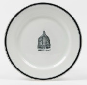 "JOHN FAIRFAX & SONS LTD." Sydney Herald building antique black transfer pattern plate, circa 1920s, stamped "Grindley Hotel Ware, England, Gibson & Paterson Limited, Sydney, Australia", 20.5cm diameter