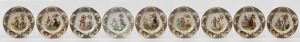 SARREGUEMINES "Nations" series of nine French porcelain plates, rare examples of border decoration incorporating the five continents of Asia, America, Europe, Africa and Australia, late 19th century, factory mark to bases, 20.5cm diameter